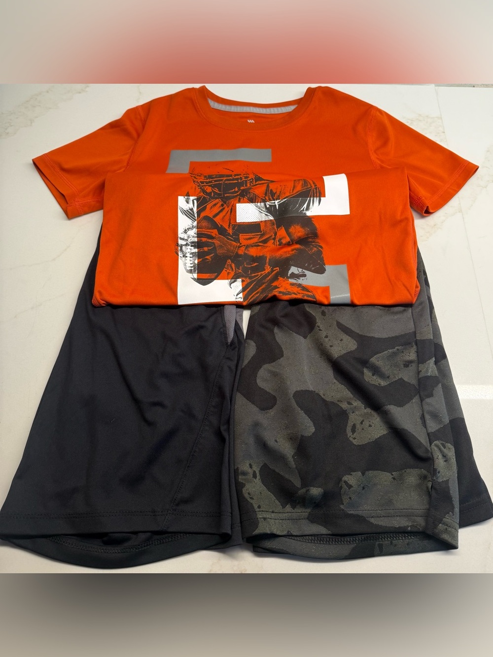 All in Motion Boys Size M 8/10 Athletic Set Orange Football Tee & Shorts
